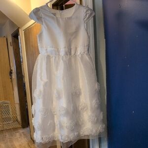 Girls' White Flower-Trim Party Dress